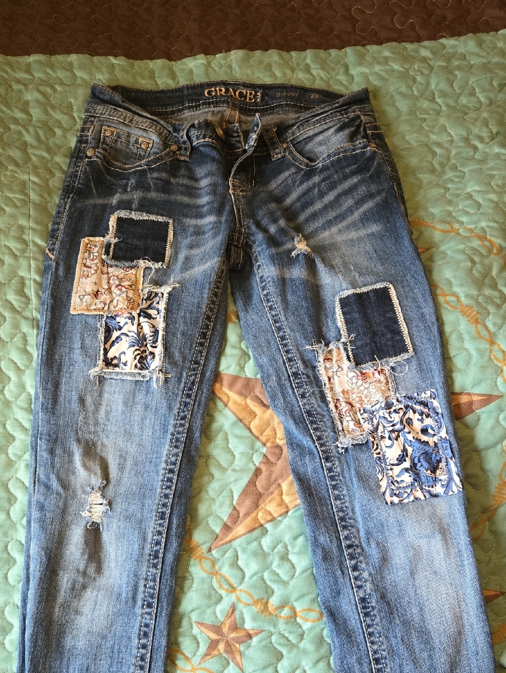 Grace Blue Distressed Skinny Jeans with Floral Patchwork